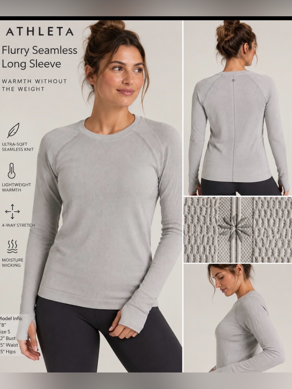 Athleta Light Gray Flurry Seamless Fitted Long Sleeve Crew Top, Size S